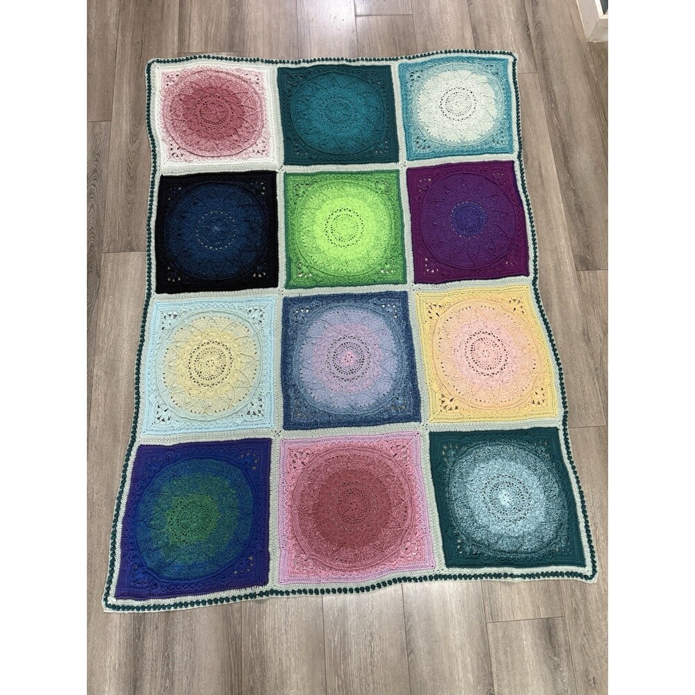 Hand Crafted, Fine Crochet Ombré Multi Colour Granny Square Afghan Throw Blanket